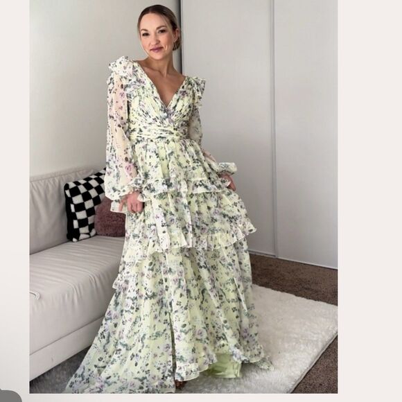 $598 Mac Duggal Size 12 Floral Chiffon Tiered Ruffle Puff Sleeve Gown - See flaw - Picture 2 of 7